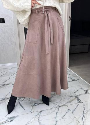 Длинная женская юбка макси из искусственной замши, с карманами, на поясе весна, осень, s, m, бежевая с м л хл