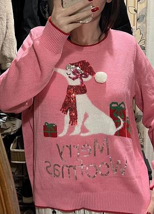 Рожевий різдвяний светр з собачкою р 44
