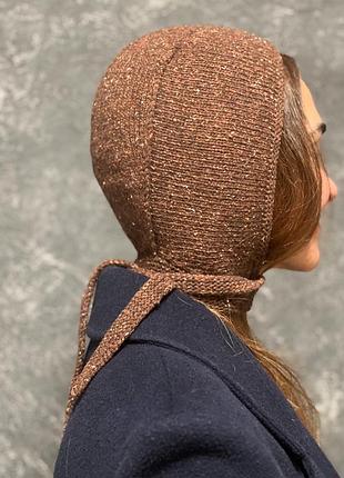 Шапка (чепец) ручной работы, связан из шерсти, цвет коричневый