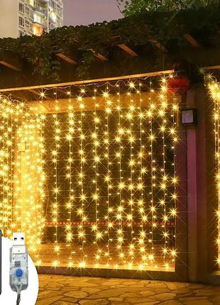 Гірлянда штора "водоспад", від usb, 3х3м (300 led) з пультом, жовте світло