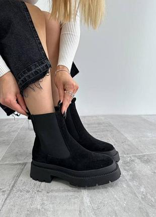 Зимові черевики челсі жіночі замшеві на хутрі натуральна замша 5632