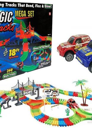 Детский светящийся гибкий трек magic tracks 360 деталей на 2 машинки | детский гоночный трек