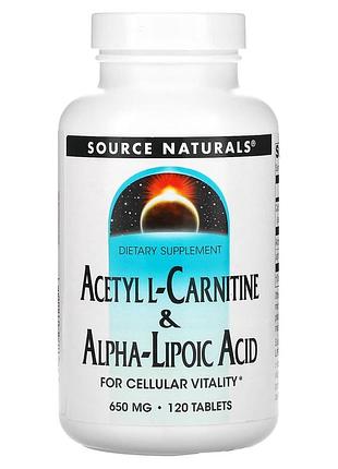Ацетил карнитин + альфа-липоевая кислота, acetyl l-carnitine & alpha-lipoic acid, source naturals, 650 мг, 120 таблеток
