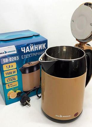 Якісний електричний чайник для дому seabreeze sb-0203 1.8 л 1500 вт, чайник зі свистком fm-72