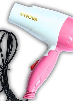 Фен дорожный раскладной для волос nova nv-1290/1000w/16см/18см:розовый