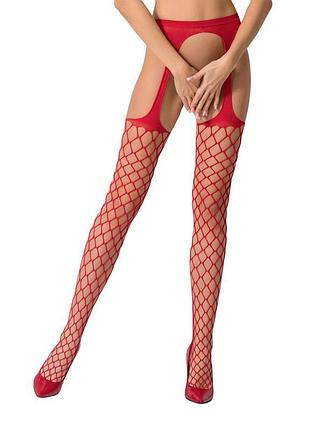 Сітчасті панчохи-стокінги passion s011 one size, red, імітація гартерів, відкритий доступ