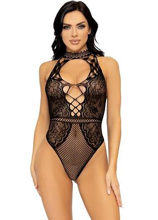 Leg avenue net and lace halter bodysuit os black