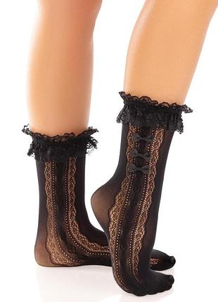 Носочки ажурные leg avenue mini bow lace anklet, черные, с рюшами, декор — бантики