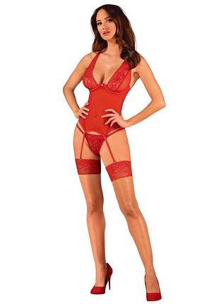 Прозрачный корсет obsessive lacelove corset m/l red, кружево, подвязки для чулок