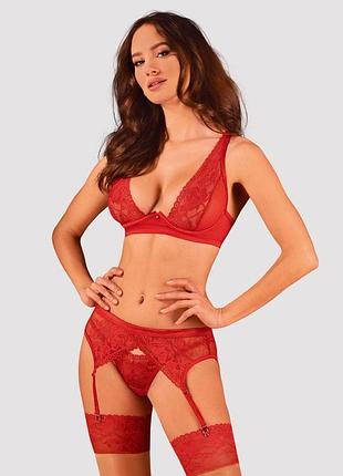 Комплект белья obsessive lacelove cupless 3pcs set xs/s red, бюстгальтер, стринги, пояс для чулок