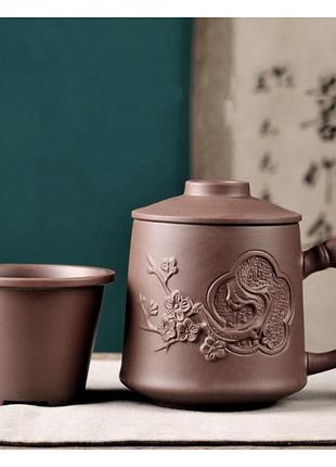 Глиняна чашка «квітка сливи» 500 мл із кришкою і ситечком для заварювання листового та трав'яного чаю вдома