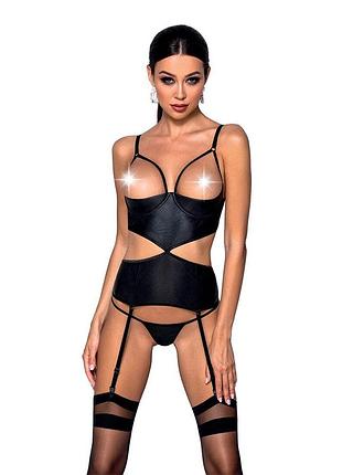 Корсет с открытой грудью passion jannies corset xxl/xxxl black, стринги в наборе