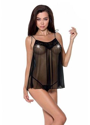 Сорочка прозрачная беби-долл passion melania chemise xxl/xxxl, black, трусики, на тонких бретелях