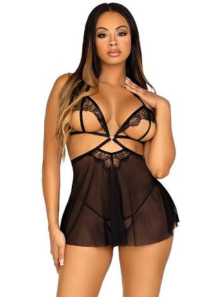 Сорочка бебі-дол із відкритими чашками leg avenue lace and mesh babydoll & panty black l, стринги
