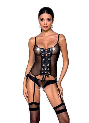 Корсет со шнуровкой passion nessy corset xxl/xxxl black, стринги с открытым доступом, пажи для чулок