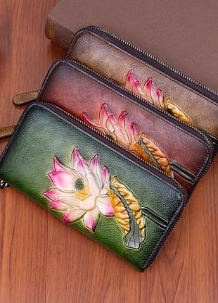 Женский кожаный кошелек с тиснением, клатч из натуральной кожи