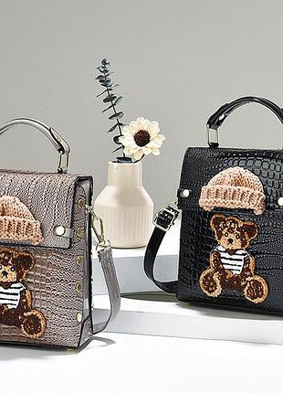 Женская лаковая мини сумочка с медведем, маленькая сумка рептилия для девушек с мишкой