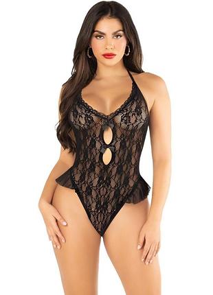 Боди leg avenue lace floral lace halter teddy with flutter accent one size, black