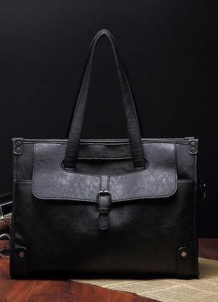 Мужская городская сумка для документов, мужской портфель для работы черный кожаный (пу кожа)