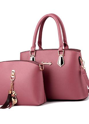 Набор женская сумка через плечо и мини сумочка клатч с брелком розовый