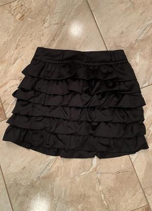 Юбка короткая стильная белье атласная рюшами, новая мини юбка атласная чёрная, модная юбка