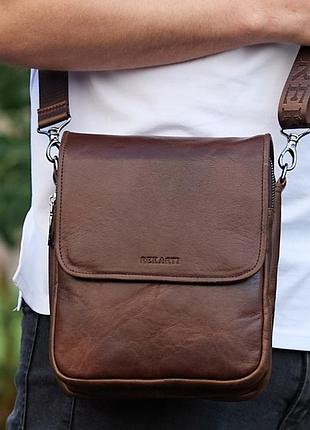 Барсетка с клапаном через плечо 24х20х6, мужская сумка с гладкой кожи tiding bag td-81020 коричневая