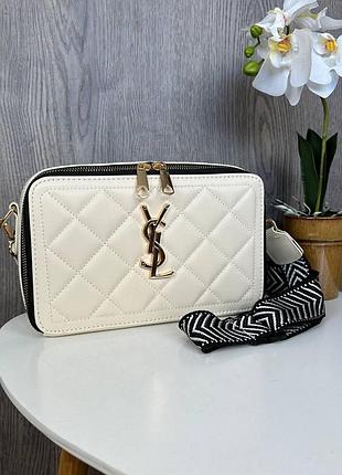 Модная женская мини сумочка клатч ysl экокожа, стильная сумка на плечо стеганная молочный