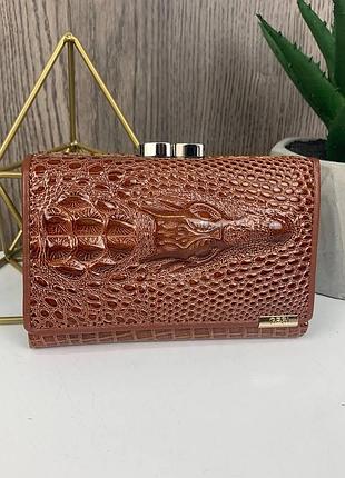 Женский кожаный кошелек крокодил мини клатч портмоне с крокодилом из натуральной кожи коричневый