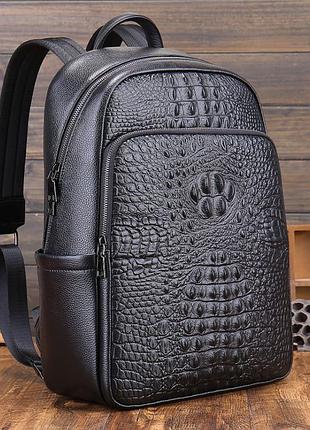 Великий чоловічий шкіряний рюкзак з тисненням рептилія крокодил чорний