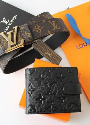 Мужской подарочный набор - кожаный ремень и кошелек louis vuitton brown&black