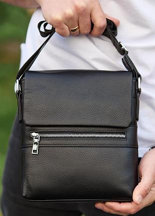 Кожаная мужская сумка-месенджер 21х23х5.5, сумочка кросс боди через плечо черная tiding bag 56230