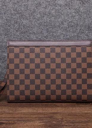 Качественный большой мужской клатч барсетка клетка, кошелек сумка на ремешке в клеточку коричневый