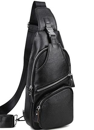 Мужская кожаная сумка-слинг 17х32х7, бананка для роботы и офиса tiding bag - mk-96303 черная