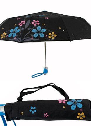 Женский зонт полуавтомат с серебристым напылением и цветочным принтом от max, синяя ручка, 124-4
