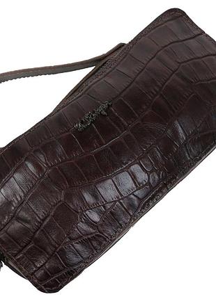 Кожаная барсетка на три отдела под крокодила mykhail ikhtyar коричневая