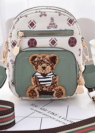 Женская мини сумочка с медведем, маленькая сумка для девушек с мишкой белый с мятным