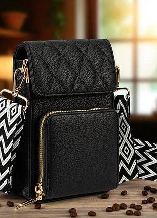 Женская сумочка клатч на плечо, стеганная мини сумка для телефона с широким ремешком