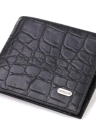 Мужской бумажник без застежки горизонтального формата из натуральной кожи с тиснением под крокодила canpellini 21766 черный