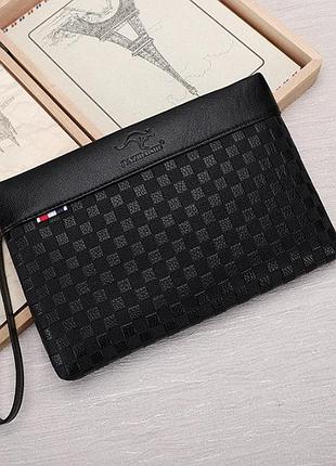 Большой мужской клатч барсетка кенгуру, кошелек сумка на ремешке черный