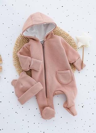 Теплий комплект для новонародженого комбінезон і шапочка з вушками