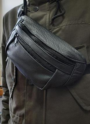 Бананка gofin черная кожаная на три отделения smk-20013