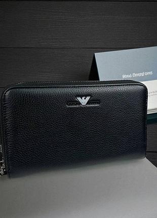 Чоловічий шкіряний клатч на блискавці стиль армані, гаманець натуральна чорна шкіра в коробці armani