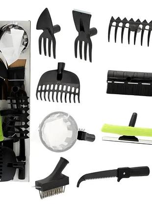 Набір садового інструменту 10 в 1 з телескопічною ручкою 124 см – сапи, граблі, пилка, збирач фруктів, щітка, скребок, мийка