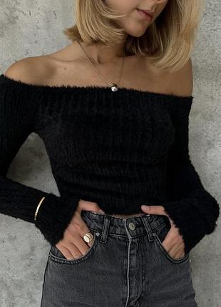 Светер топ в’язаний   відкриті плечі лохматий плюшевий пухнастий  чорний y2k вінтаж гранд forever 21