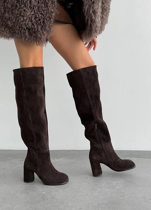 Ботфорти жіночі коричневі замша / замшеві ботфорти шоколадного кольору на підборах / демісезонні ботфорти з анатомічним носиком / коричневі ботфорти