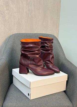 Бордові шкіряні вишневі оригінальні широкі черевики на підборі