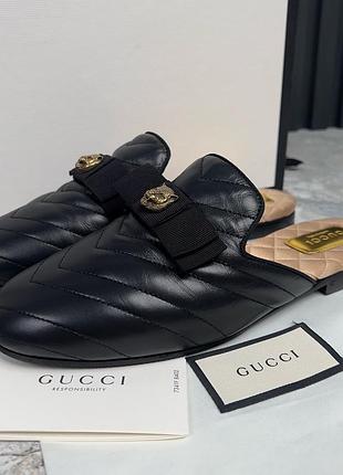 Gucci matelassé tiger head flat mules black leather женские мюли шлепанцы кожа оригинал 36.5 eur