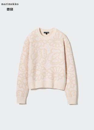 Жіночий кремовий теплий светр з овечої вовни з квітковим візерунком, стан ідеальний, розмір xs