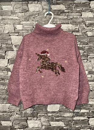 Новорічний светр с єдинорогом, светр під горло, водолазка, теплий светр на дівчинку, теплый свитер под горло, новогодний свитер на девочку