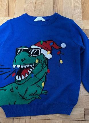 Кофтинка з принтом новорічний динозавр на 4-5 років